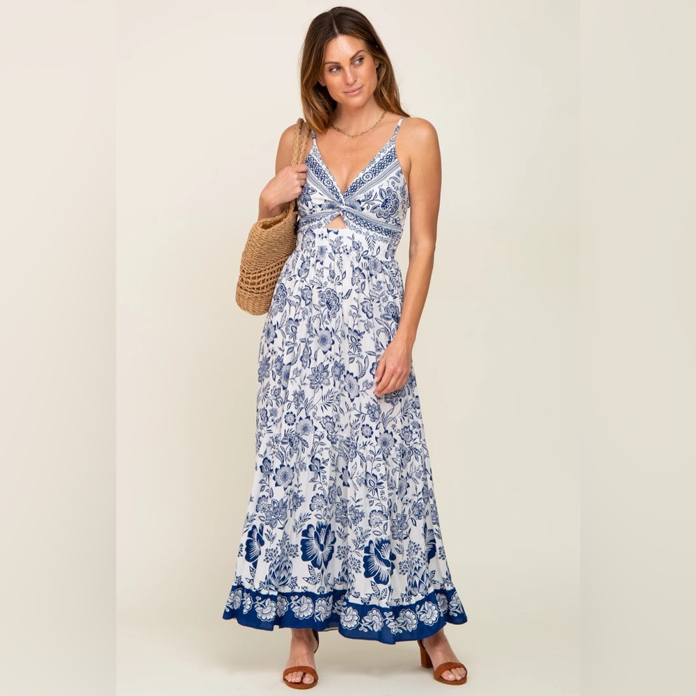 Angie Blue White Floral Maxi Dress Sleeveless - Large